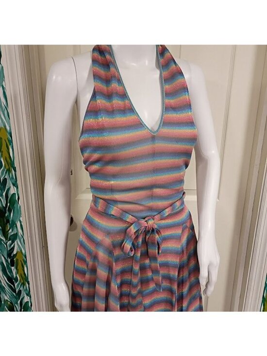 Samuel Dong Size M/L Striped Halter Midi Dress Handkerchief Hem & Metallic Sheen - Picture 12 of 15